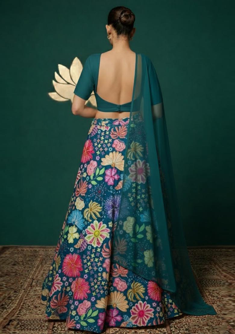 Teal Blue Floral Print Chinon Lehenga Set - Indya