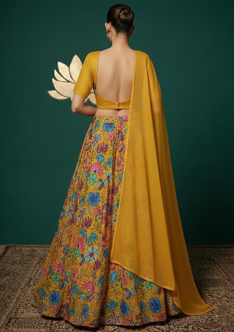 Mustard Floral Print Chinon Lehenga Set - Indya