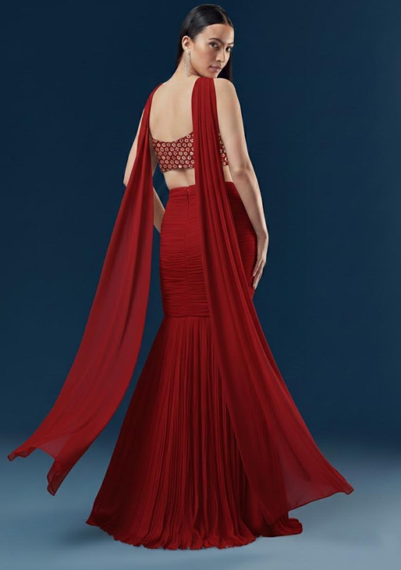 Red Zari Georgette Lehenga Set - Indya