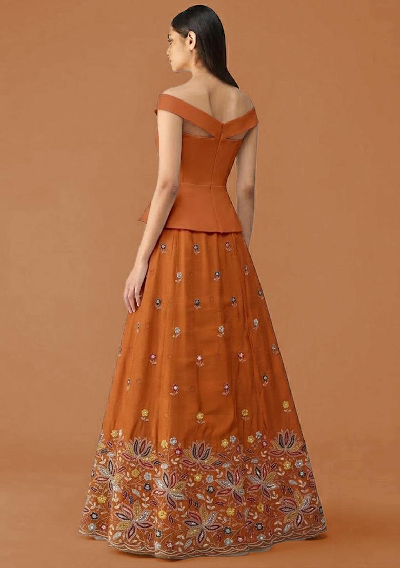 Rust Orange Embroidered Moss Fusion Set - Indya