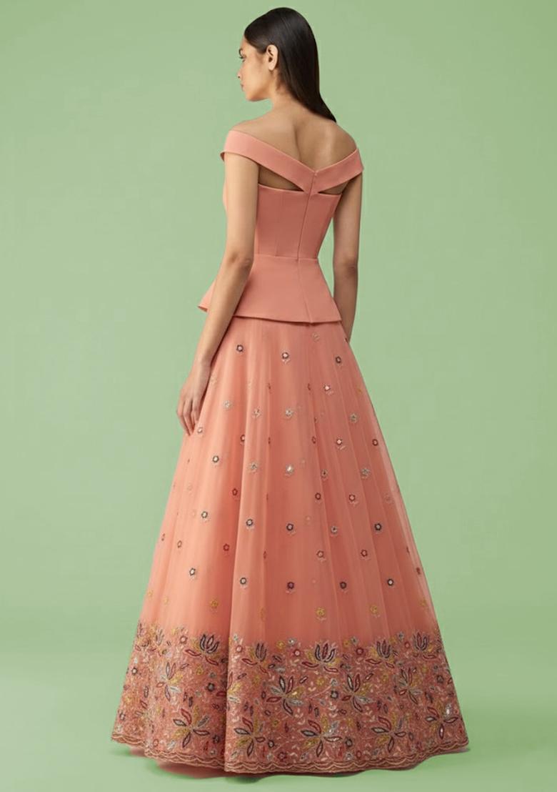 Peach Embroidered Moss Fusion Set - Indya