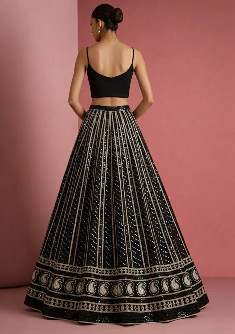 Black Embroidered Georgette Lehenga Set - Indya