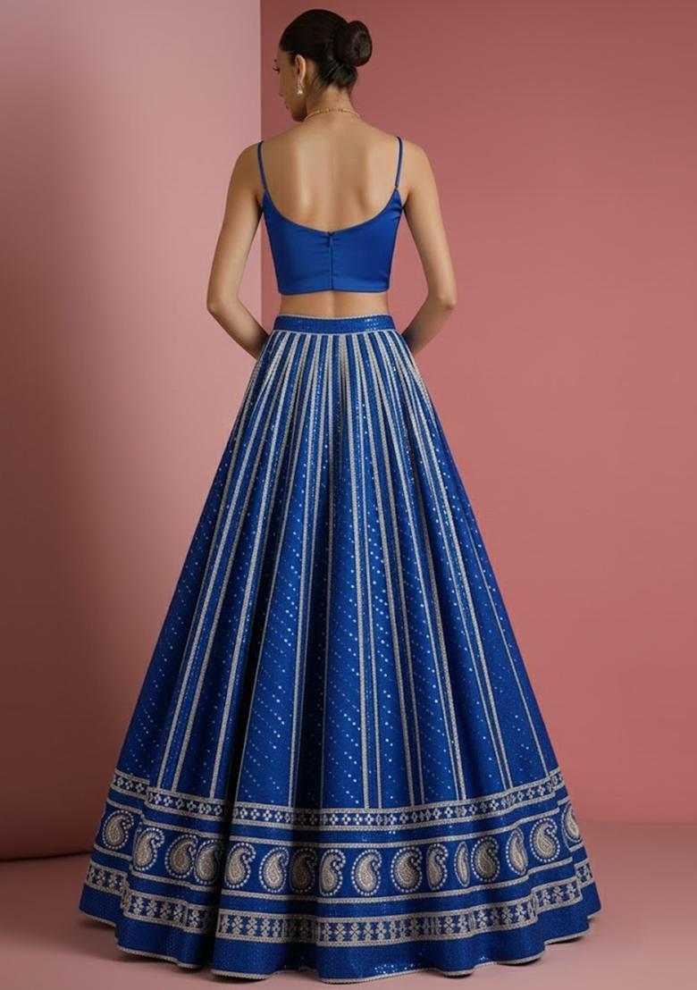 Blue Embroidered Georgette Lehenga Set - Indya