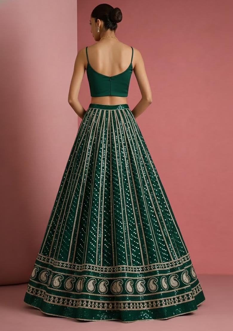 Green Embroidered Georgette Lehenga Set - Indya