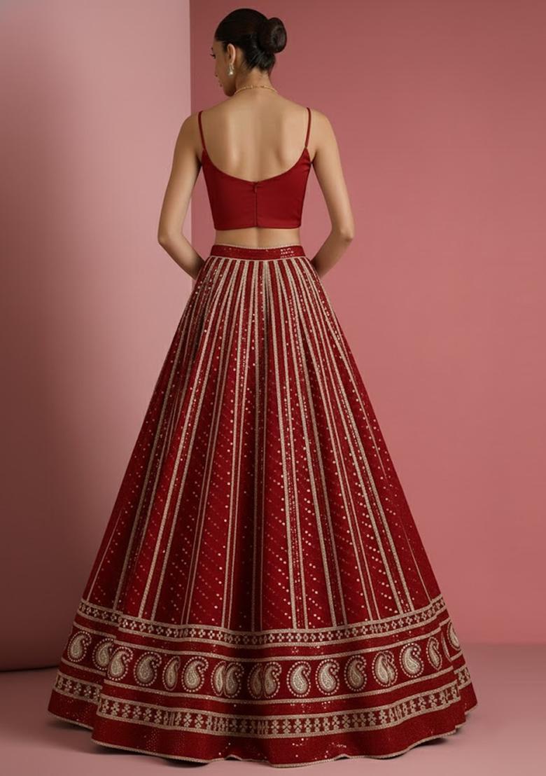 Red Embroidered Georgette Lehenga Set - Indya