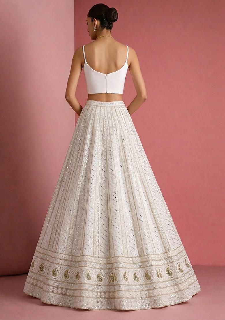 White Embroidered Georgette Lehenga Set - Indya