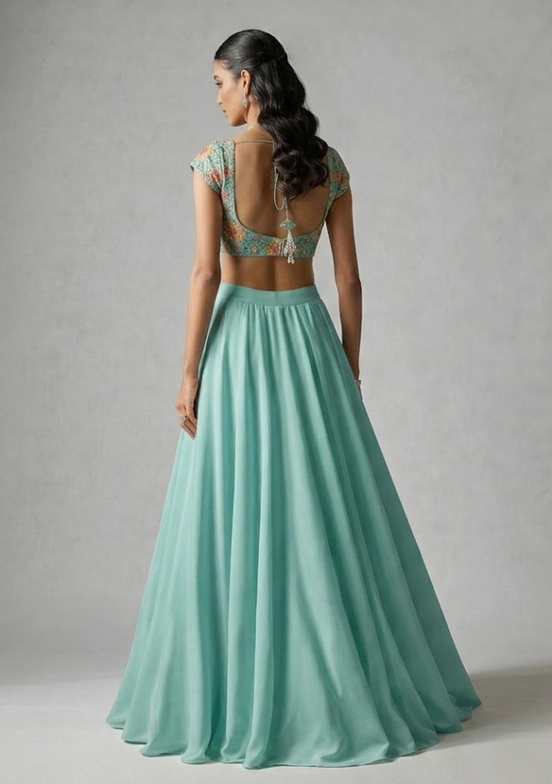 Mint Green Embroidered Organza Lehenga Set - Indya