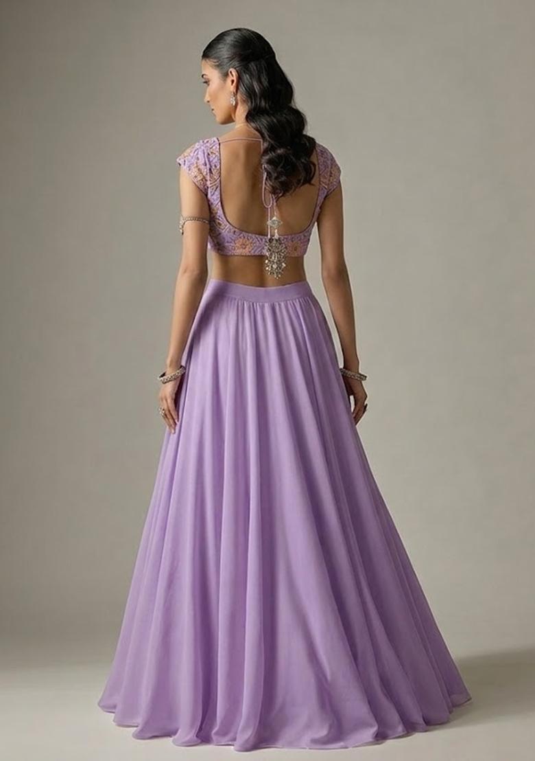 Lavender Embroidered Organza Lehenga Set - Indya