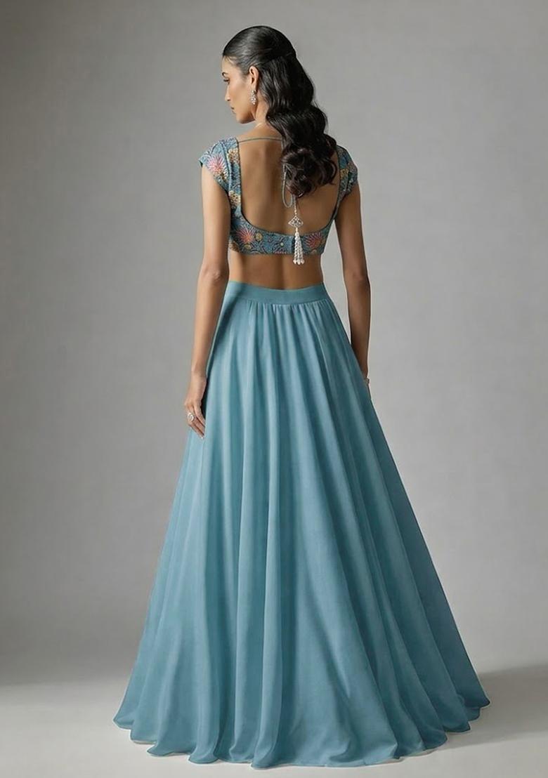Teal Green Embroidered Organza Lehenga Set - Indya