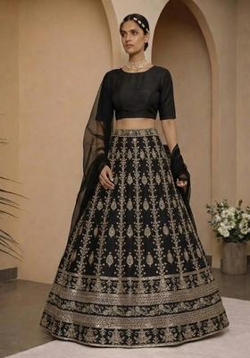 Black Embroidered Silk Blend Lehenga Set