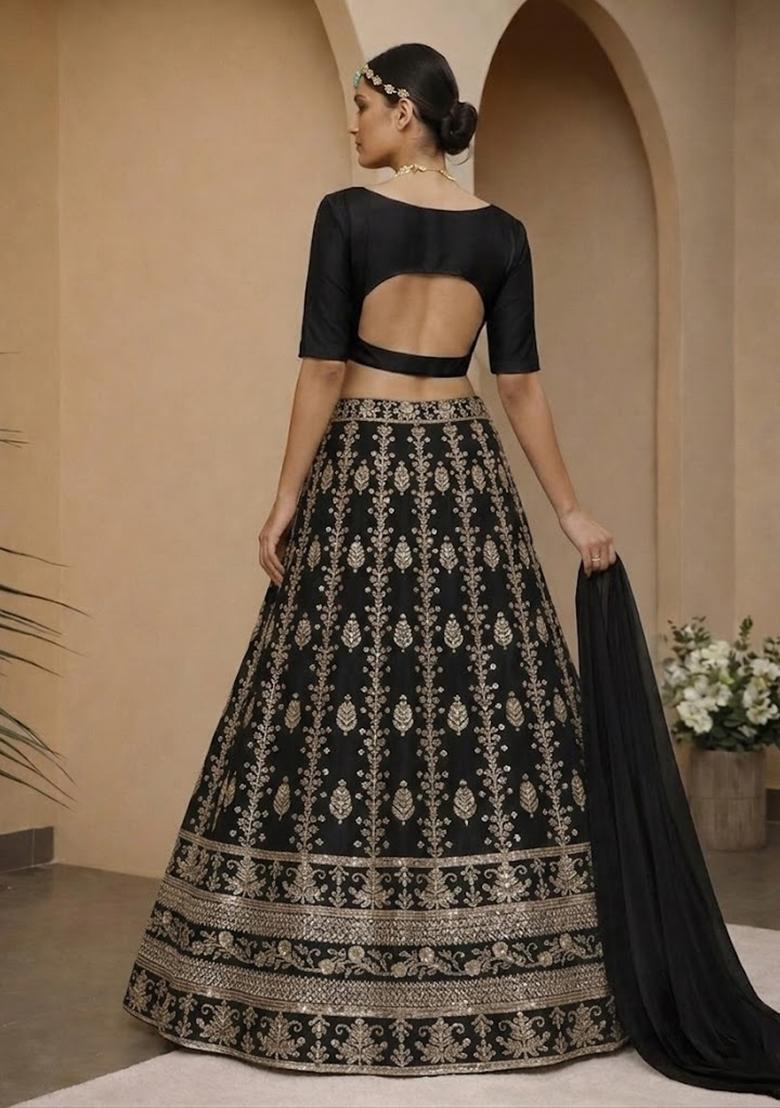 Black Embroidered Silk Blend Lehenga Set - Indya