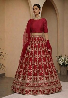 Red Embroidered Silk Blend Lehenga Set