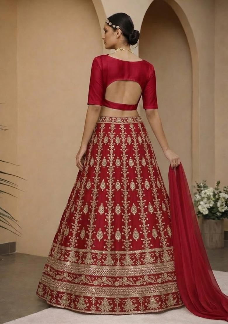 Red Embroidered Silk Blend Lehenga Set - Indya