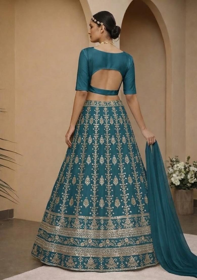 Teal Embroidered Silk Blend Lehenga Set - Indya