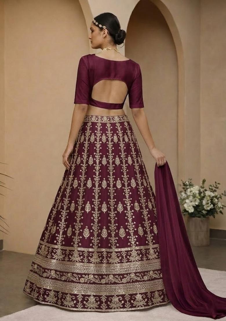 Wine Embroidered Silk Blend Lehenga Set - Indya