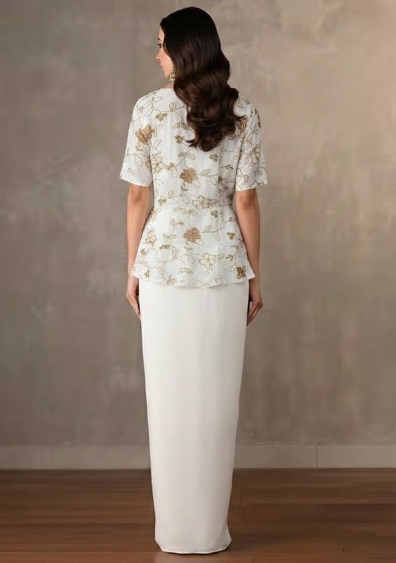 Off White Embroidered Crepe Fusion Set - Indya