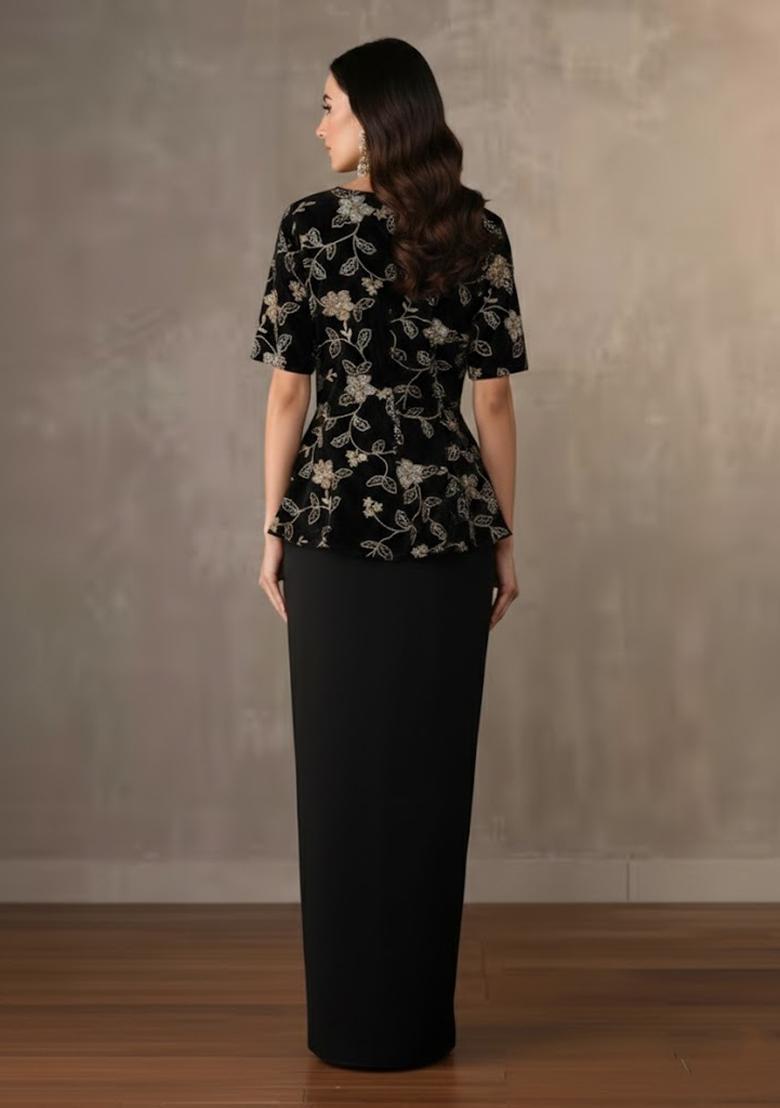 Black Embroidered Crepe Fusion Set - Indya