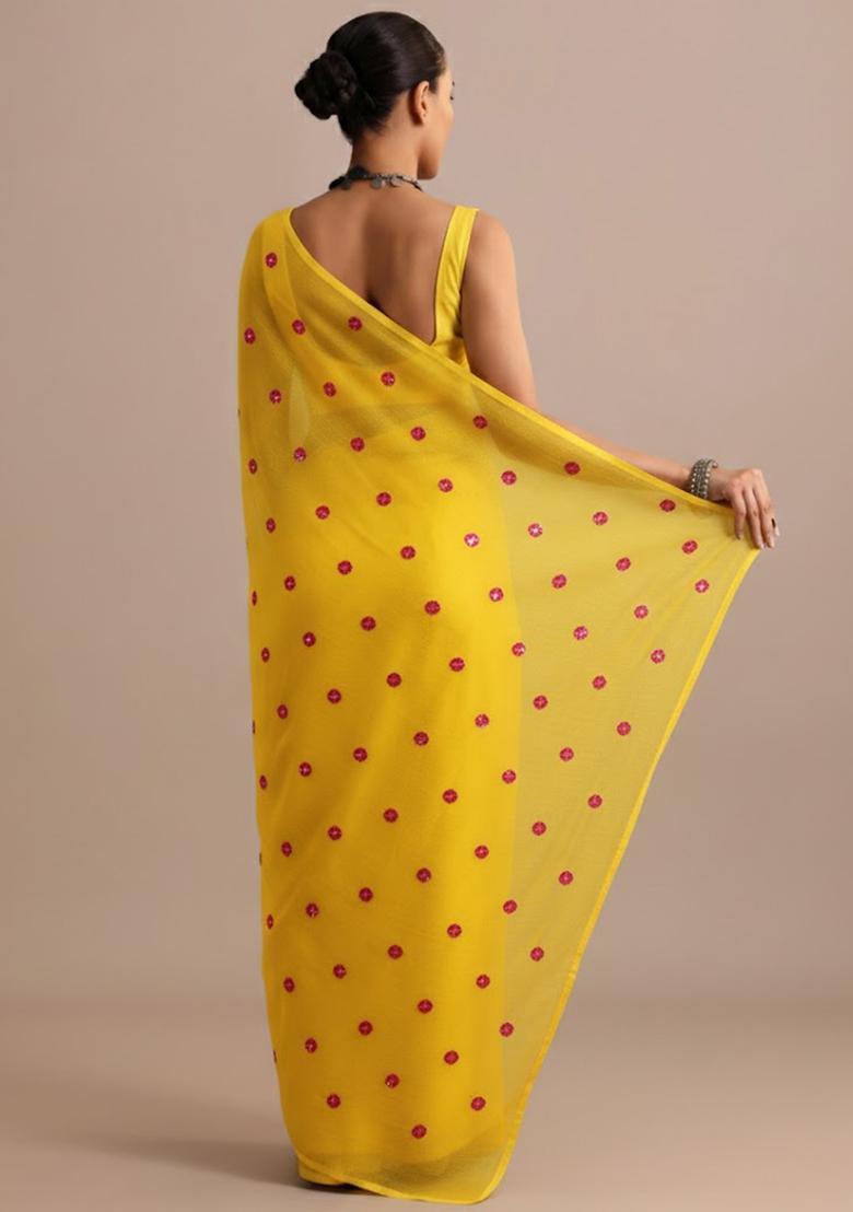 Yellow Batik Print Satin Pre Draped Saree Set - Indya