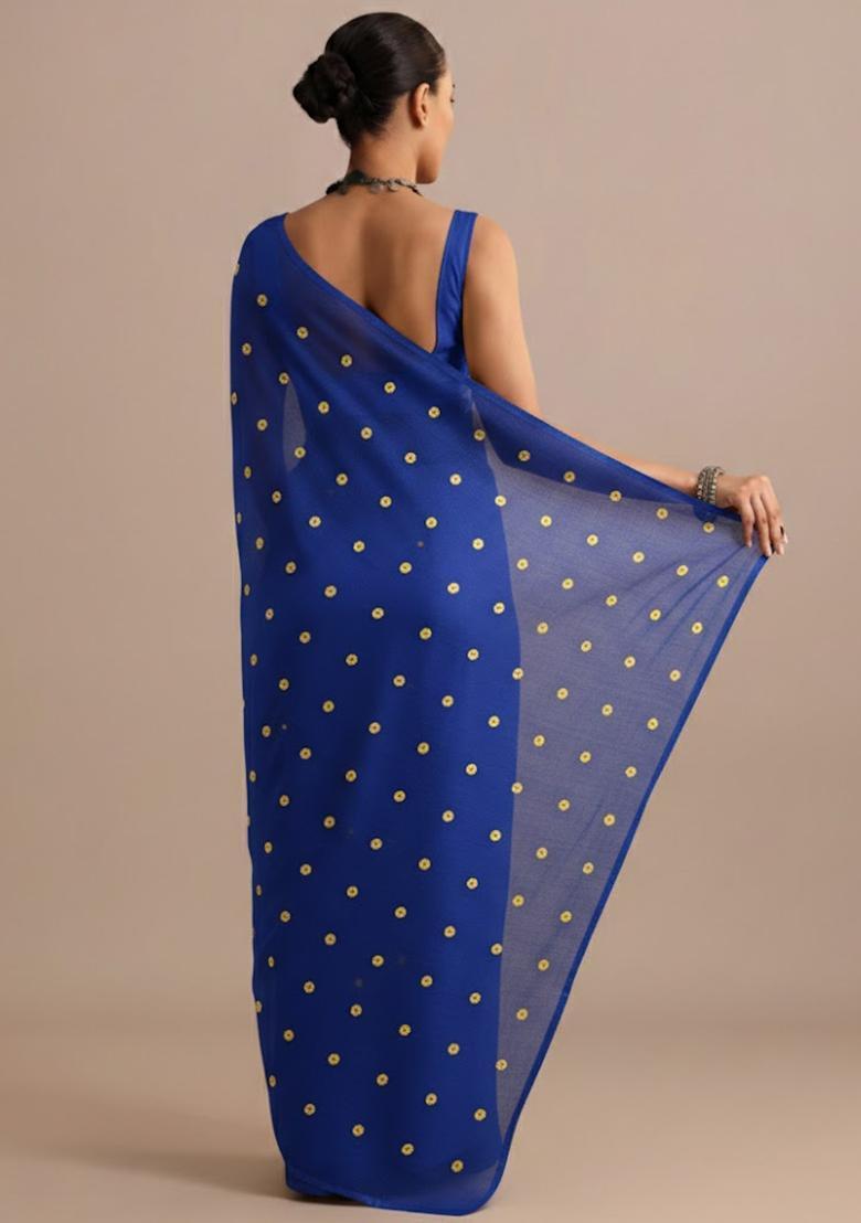 Royal Blue Batik Print Satin Pre Draped Saree Set - Indya