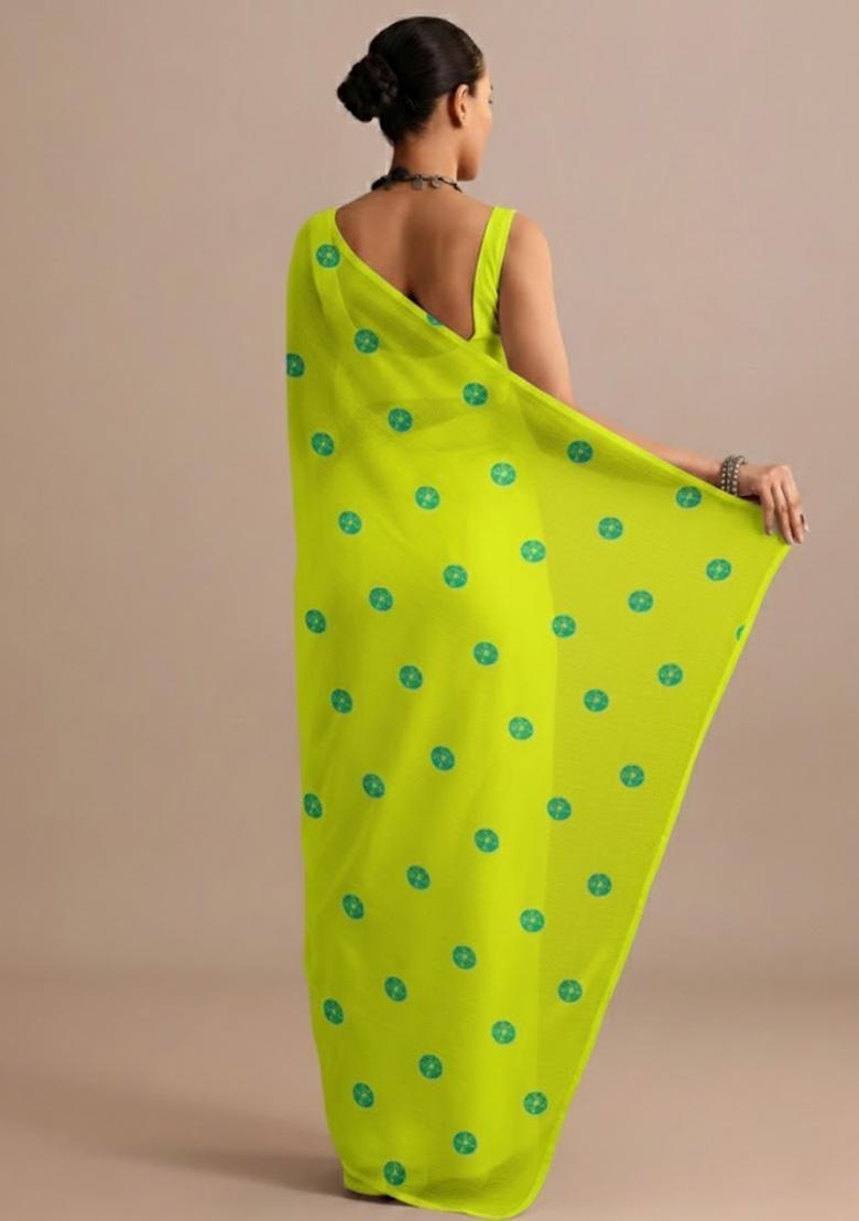 Lime Green Batik Print Satin Pre Draped Saree Set - Indya