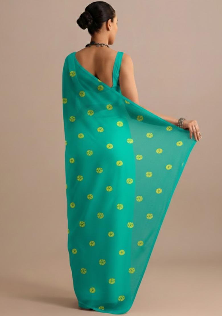 Peacock Green Batik Print Satin Pre Draped Saree Set - Indya