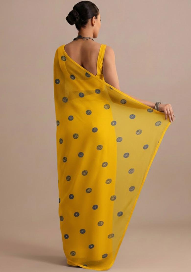 Mustard Batik Print Satin Pre Draped Saree Set - Indya