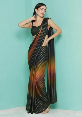Dark Green Zari Crepe Pre Draped Saree Set