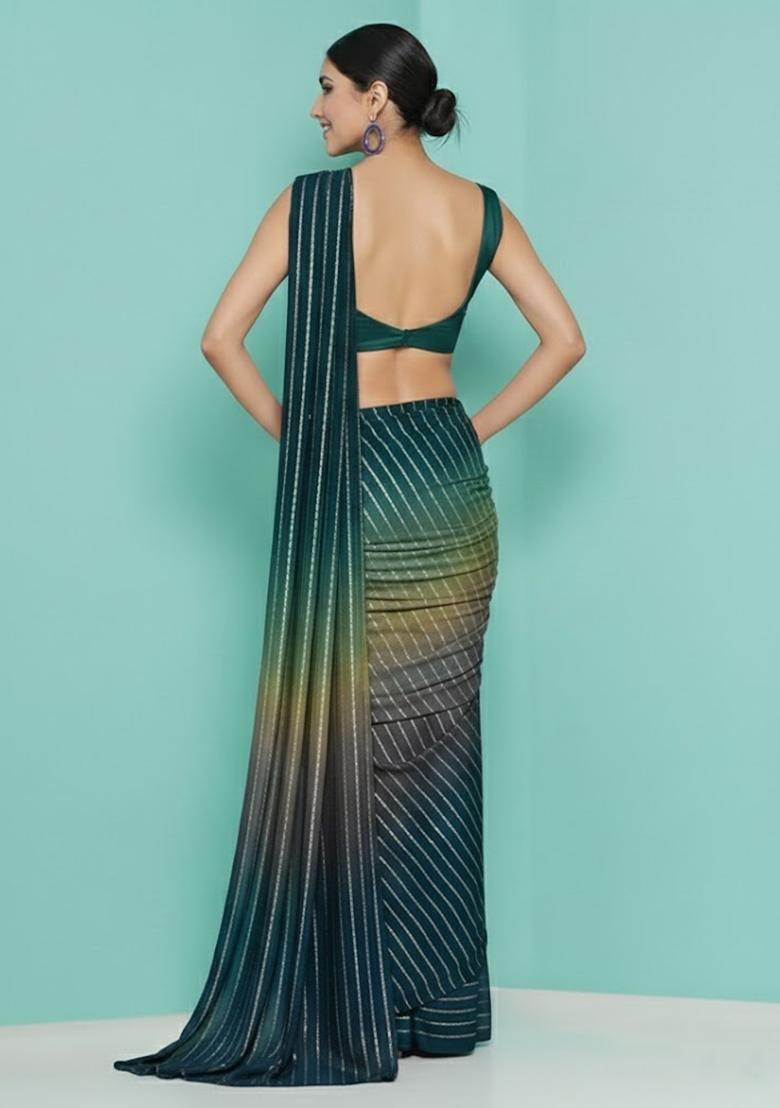 Teal Blue Zari Crepe Pre Draped Saree Set - Indya