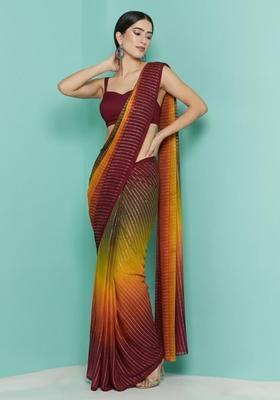 Wine Zari Crepe Pre Draped Saree Set