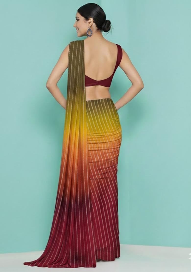 Wine Zari Crepe Pre Draped Saree Set - Indya