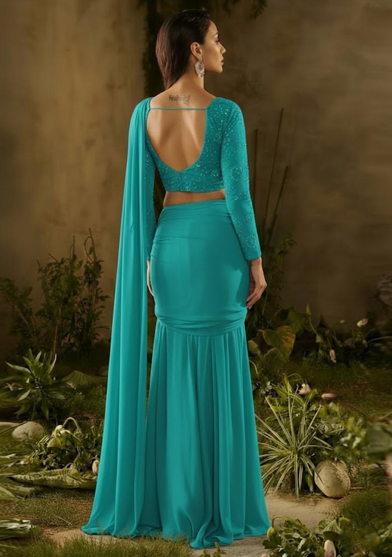 Aqua Blue Embroidered Georgette Pre Draped Saree Set - Indya