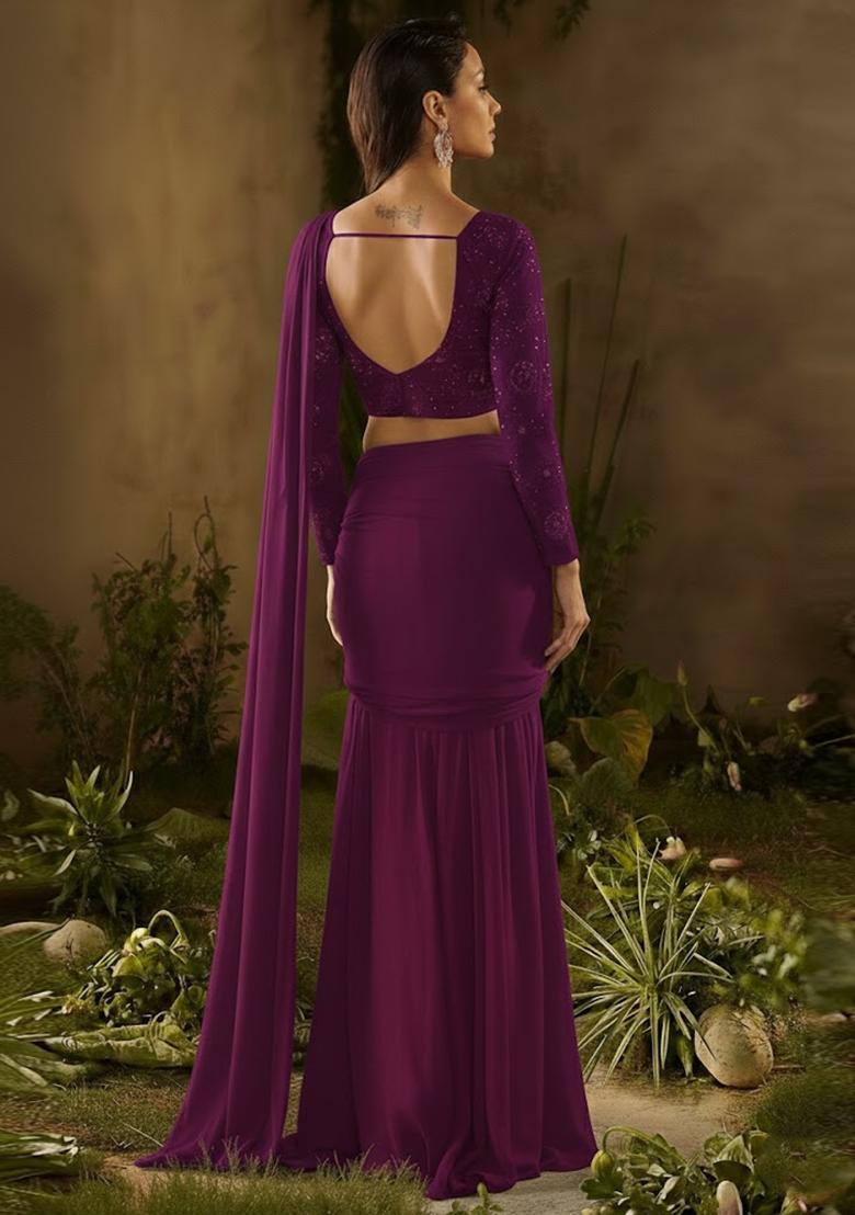 Purple Embroidered Georgette Pre Draped Saree Set - Indya