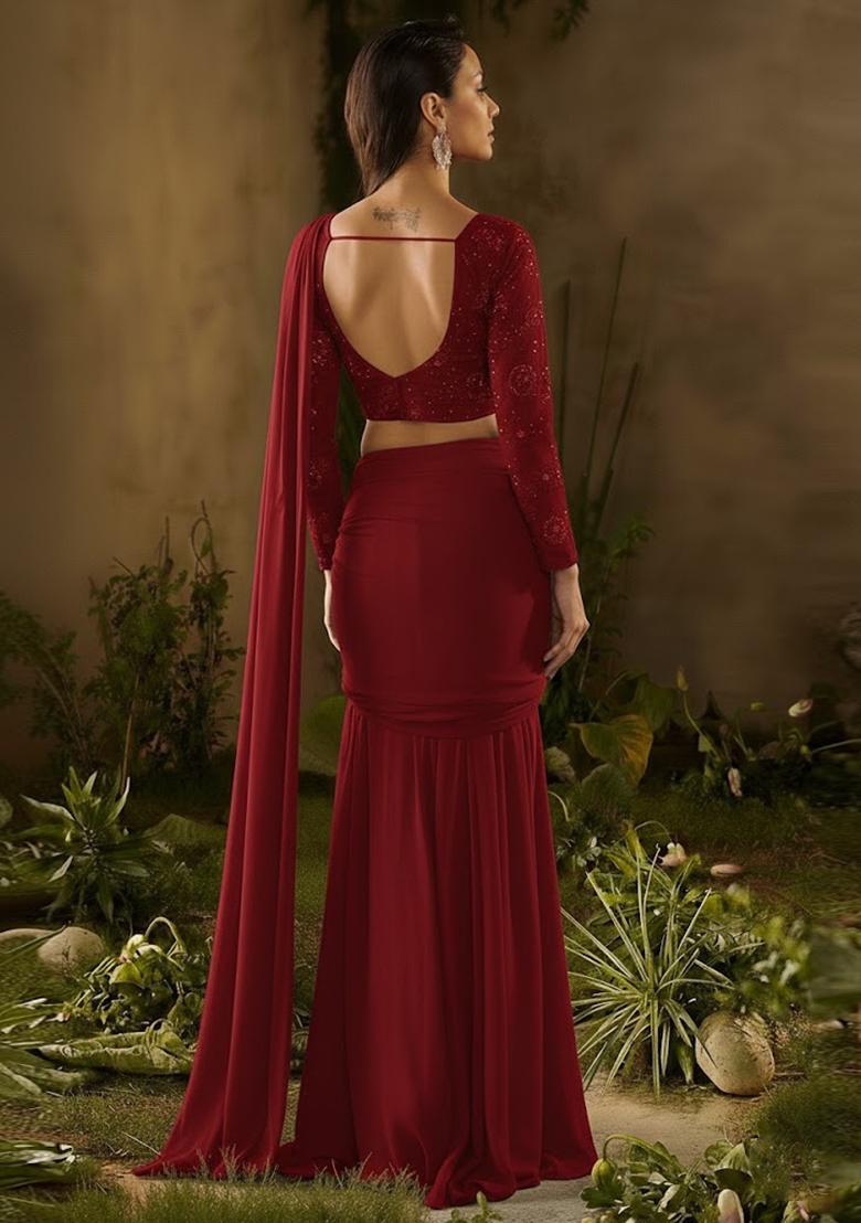 Red Embroidered Georgette Pre Draped Saree Set - Indya