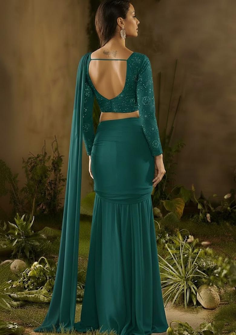 Teal Embroidered Georgette Pre Draped Saree Set - Indya