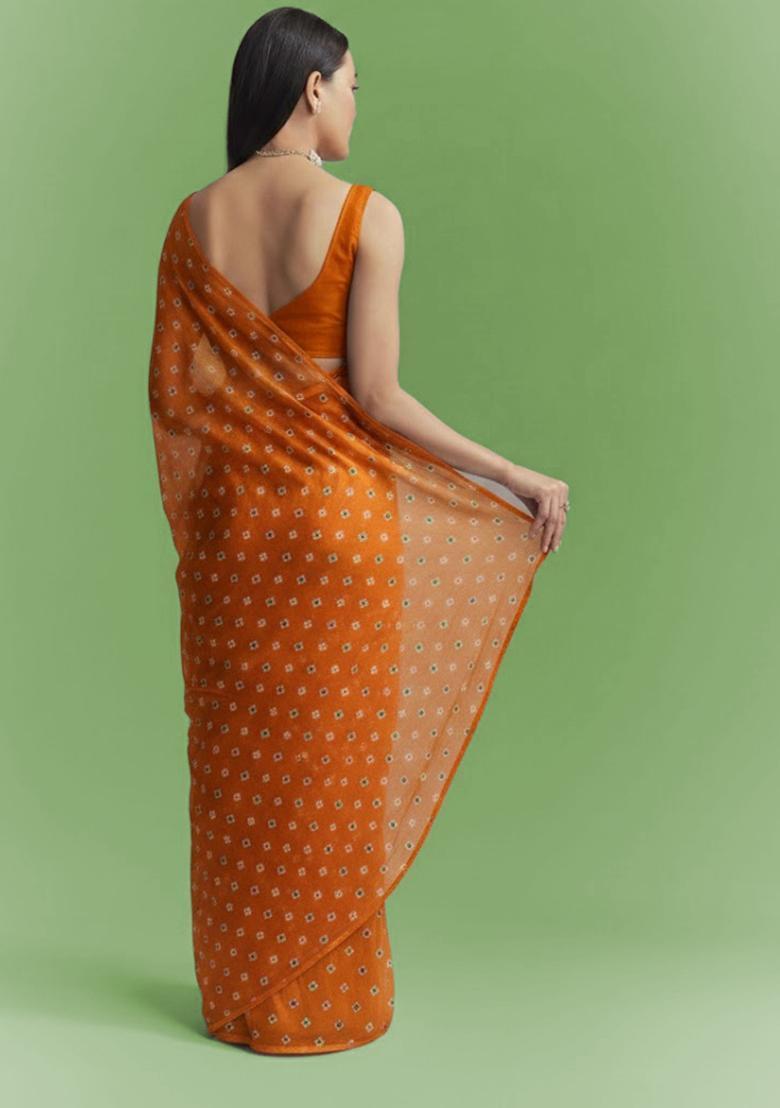 Rust Booti Print Chinon Pre Draped Saree Set - Indya