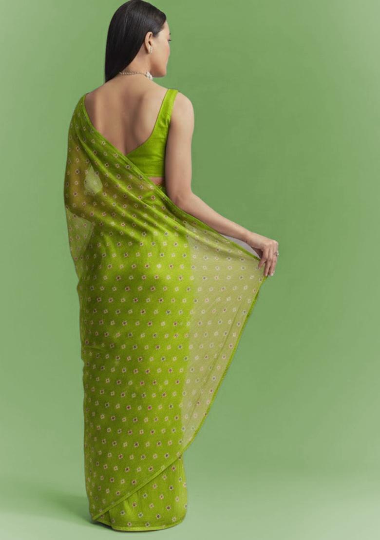 Olive Green Booti Print Chinon Pre Draped Saree Set - Indya