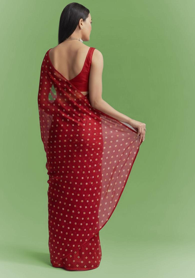 Red Booti Print Chinon Pre Draped Saree Set - Indya