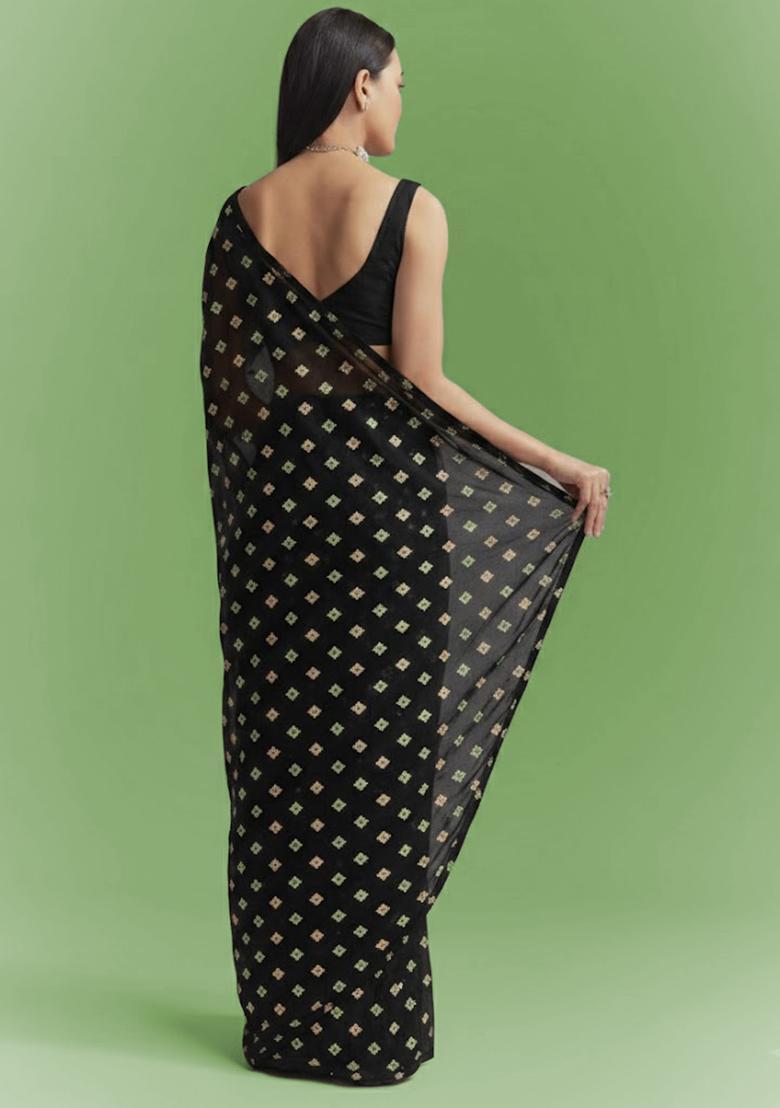 Black Booti Print Chinon Pre Draped Saree Set - Indya