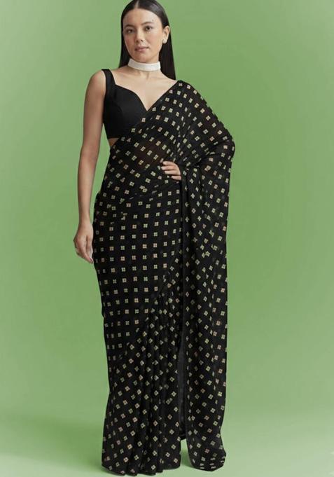 Black Booti Print Chinon Pre Draped Saree Set