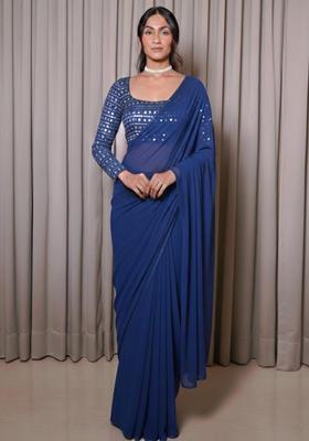 Blue Embroidered Georgette Pre Draped Saree Set