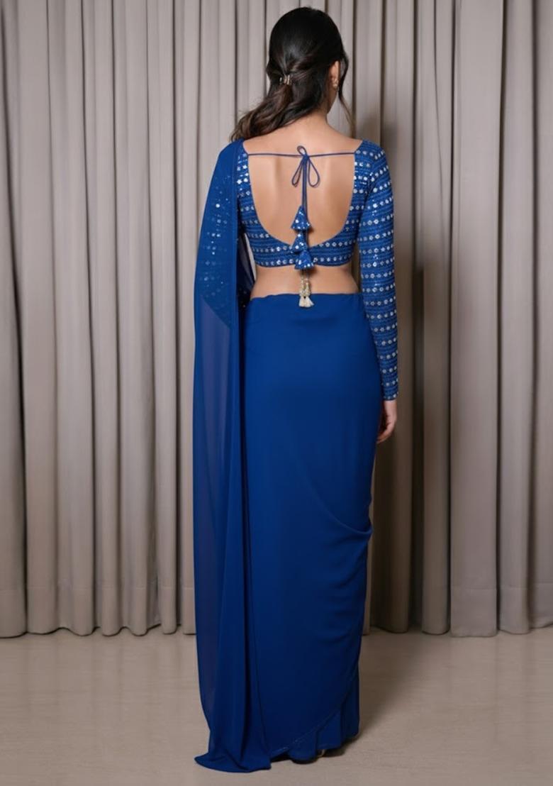 Blue Embroidered Georgette Pre Draped Saree Set - Indya