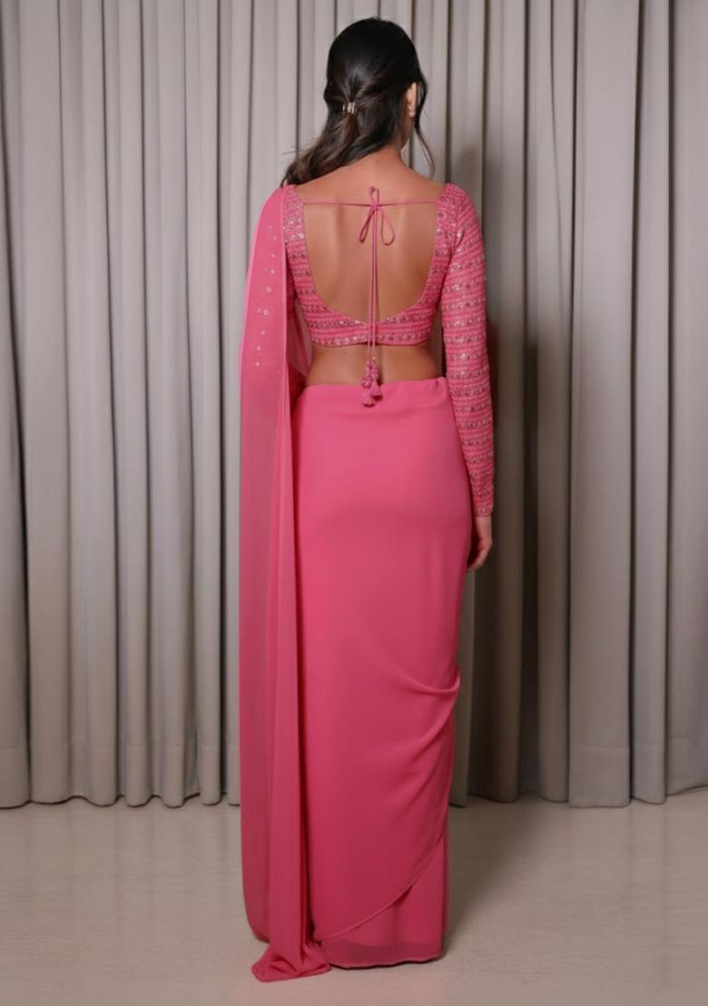 Pink Embroidered Georgette Pre Draped Saree Set - Indya