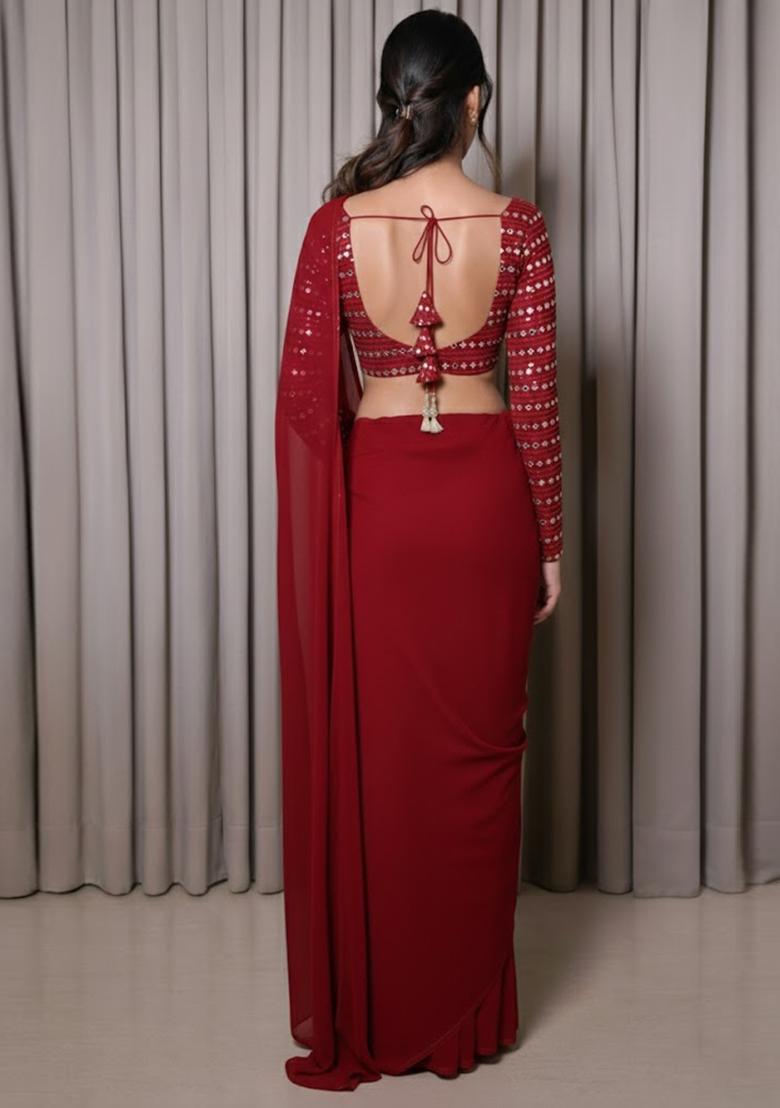 Red Embroidered Georgette Pre Draped Saree Set - Indya