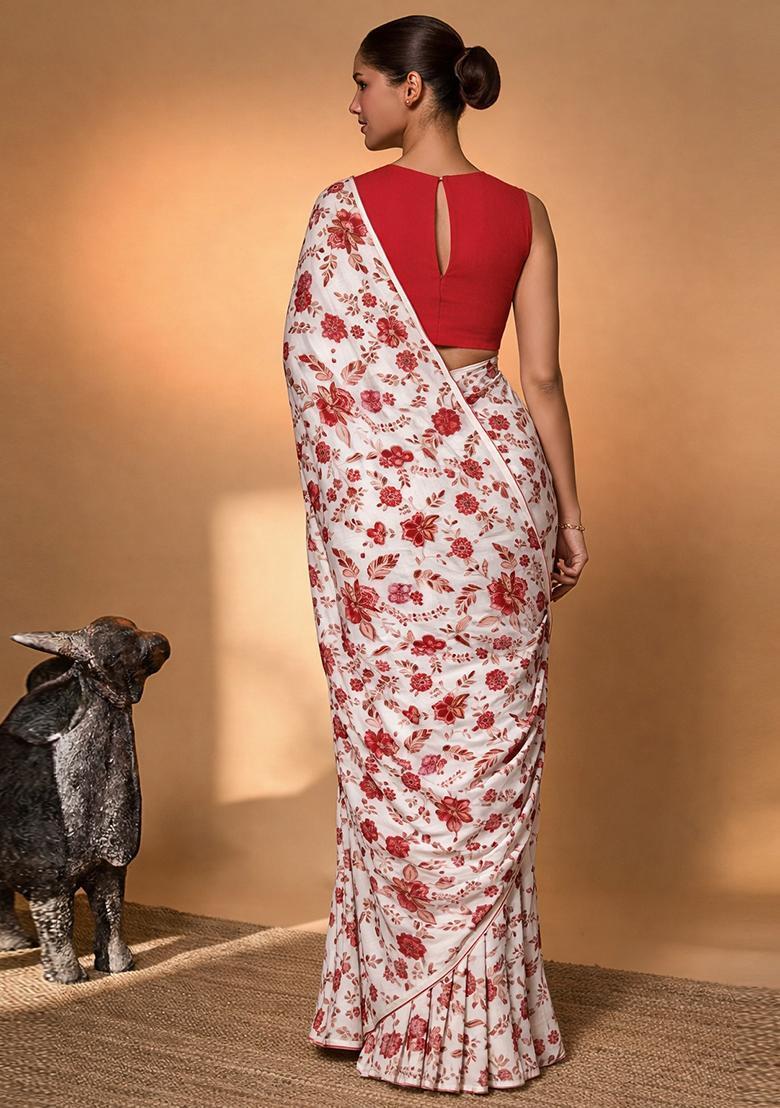 Red Floral Print Crepe Pre Draped Saree Set - Indya