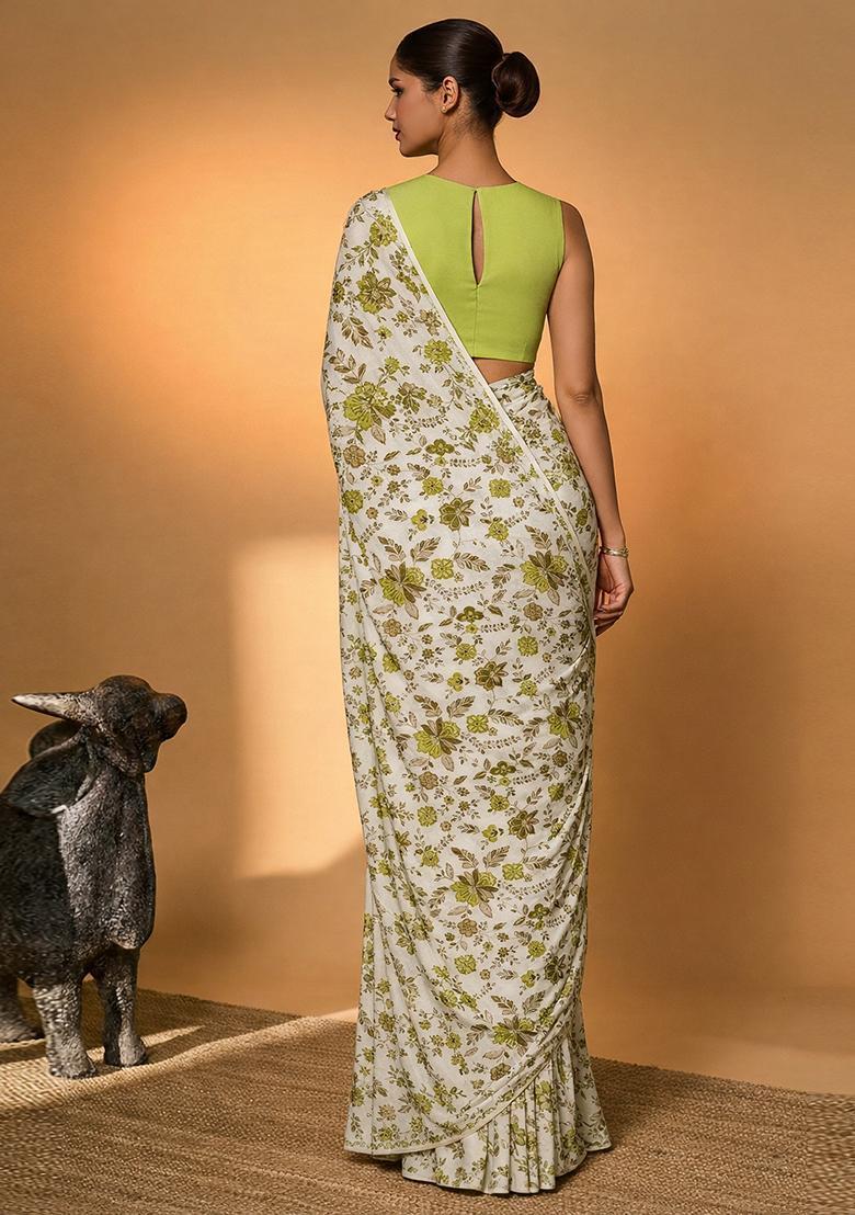 Olive Green Floral Print Crepe Pre Draped Saree Set - Indya