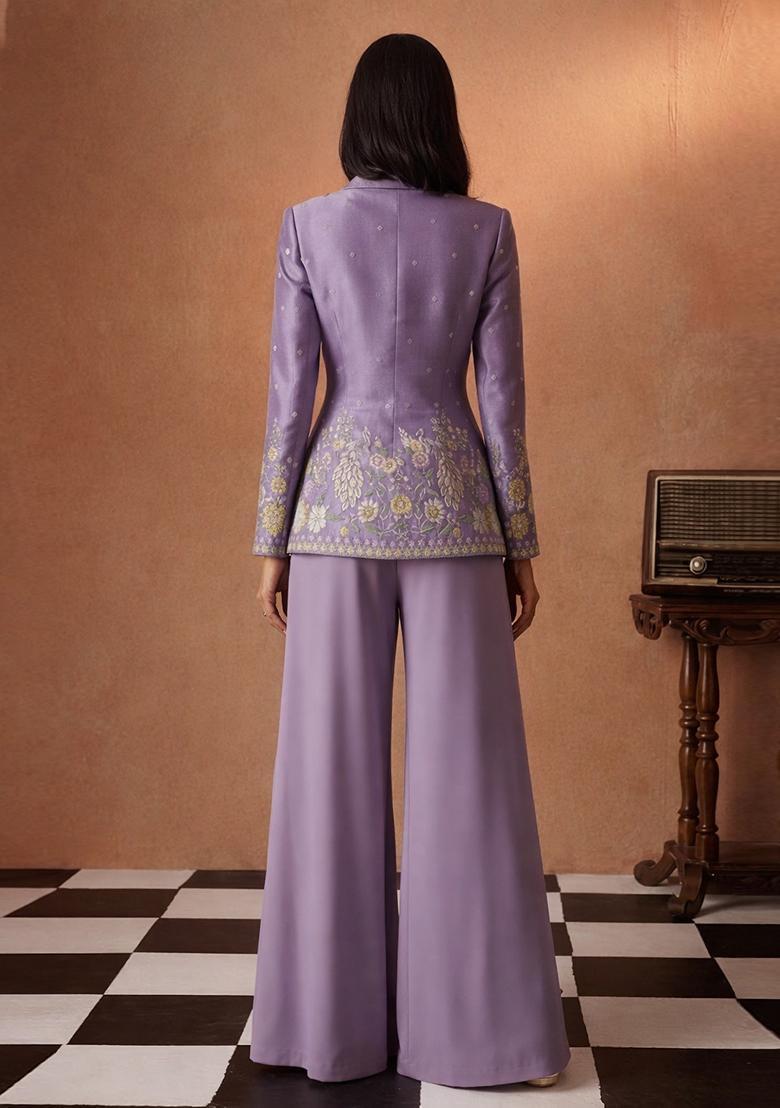 Lavender Embroidered Shimmer Fusion Set - Indya