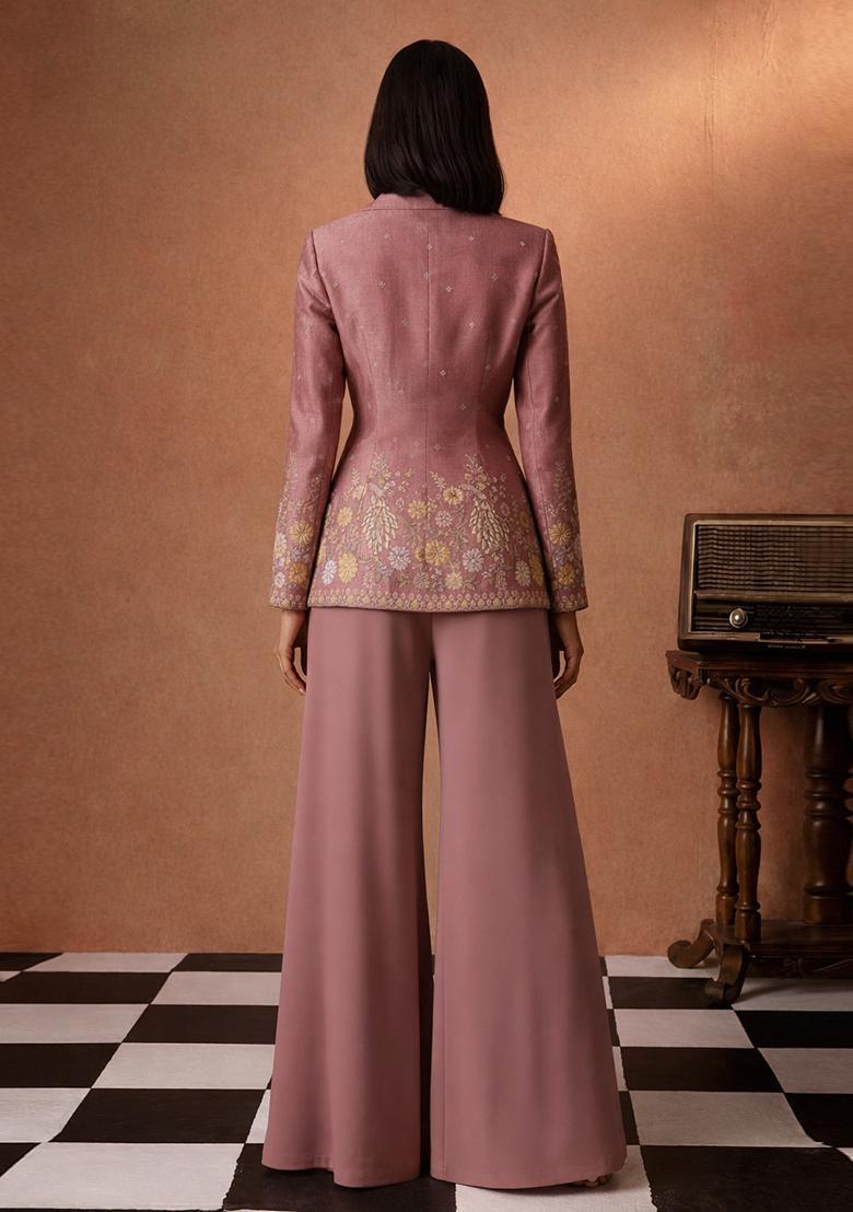Pink Embroidered Shimmer Fusion Set - Indya