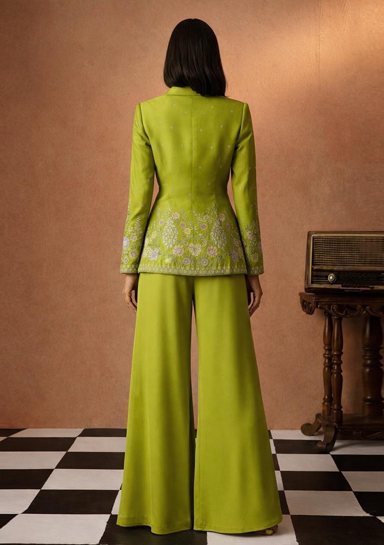 Lime Green Embroidered Shimmer Fusion Set - Indya