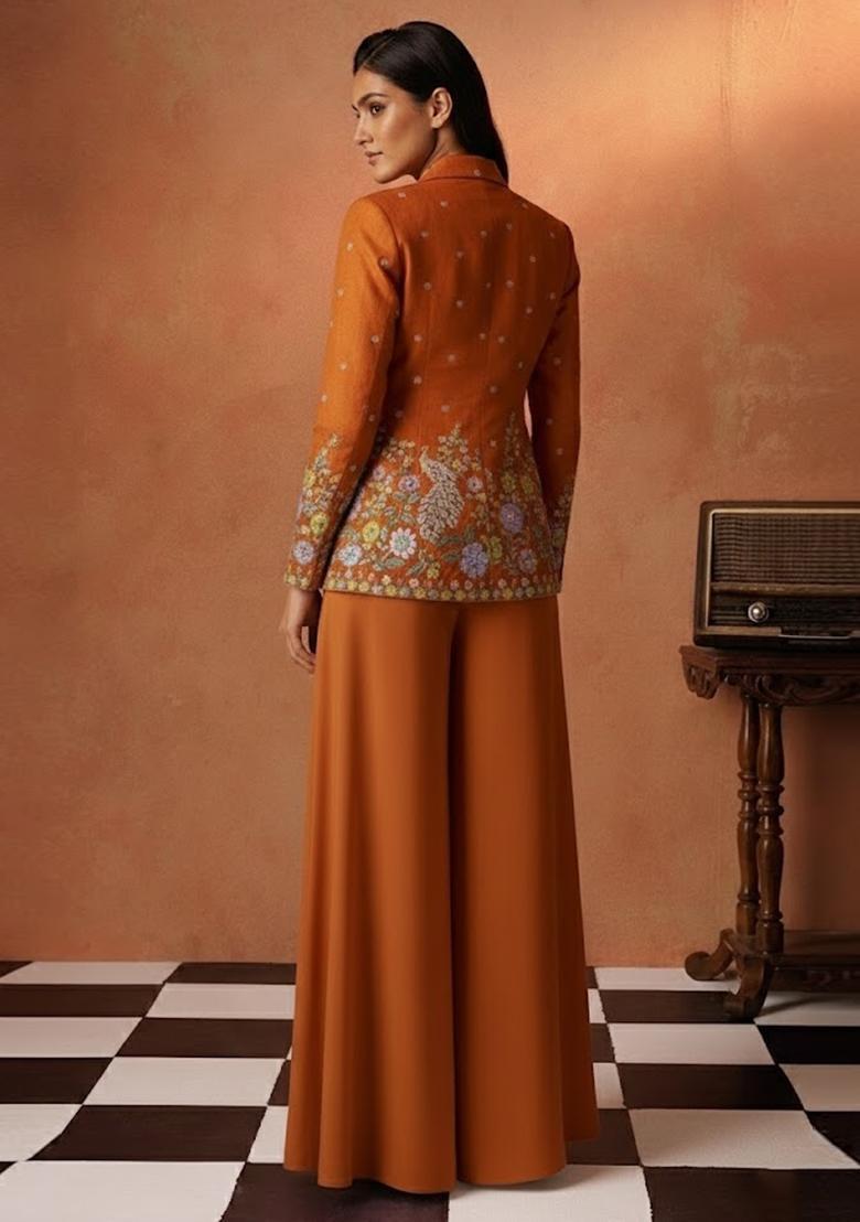 Orange Embroidered Shimmer Fusion Set - Indya