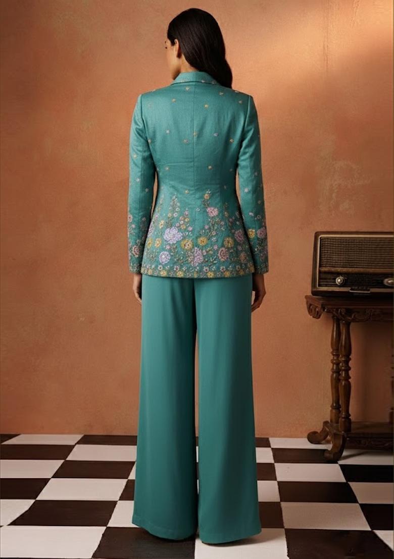 Sky Blue Embroidered Shimmer Fusion Set - Indya